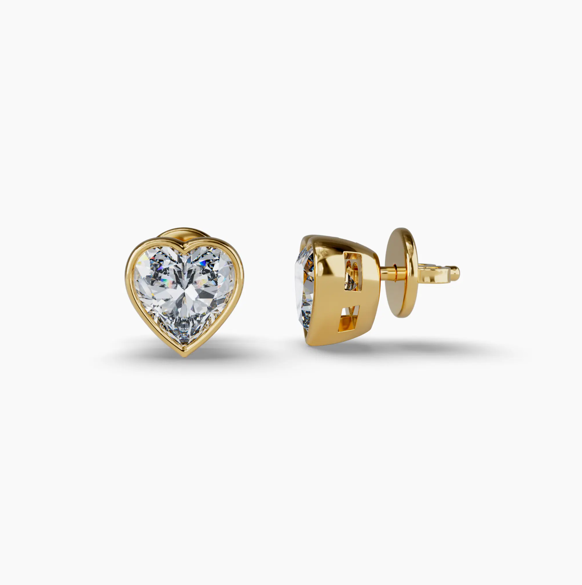 Bezel Set Heart Lab Diamond Stud Earrings, Yellow Gold Vermeil