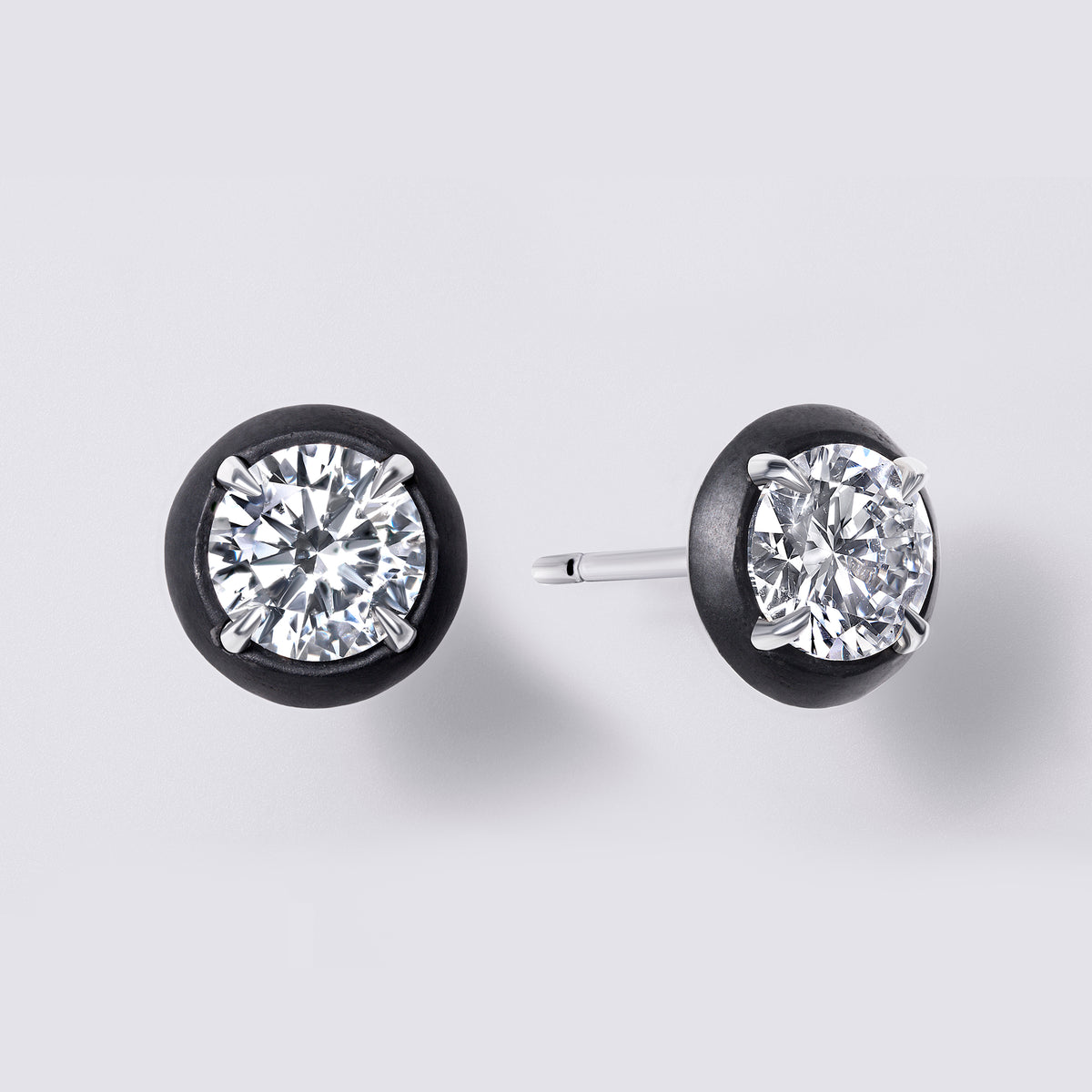 Noir Round Diamond Black Titanium Disk Studs, White Gold