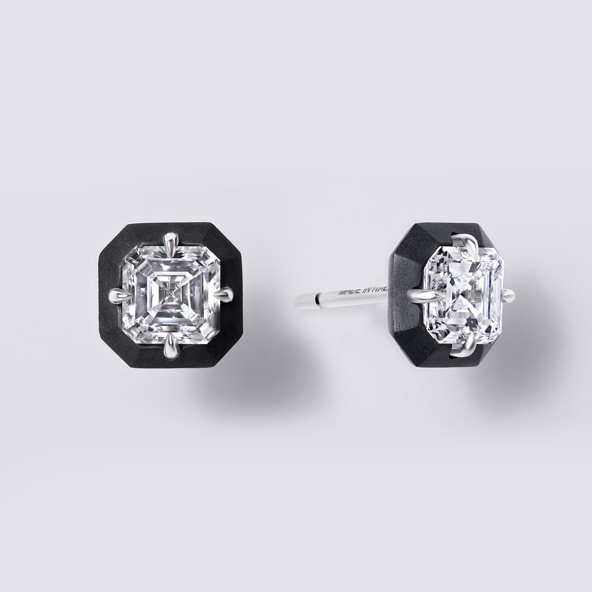 Noir Asscher Cut Black Titanium Disk Studs, White Gold