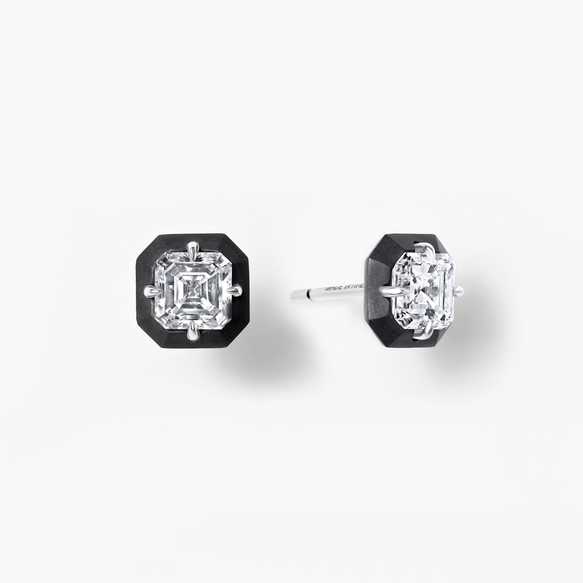 Noir Ascher Cut Black Titanium Disk Studs, White Gold