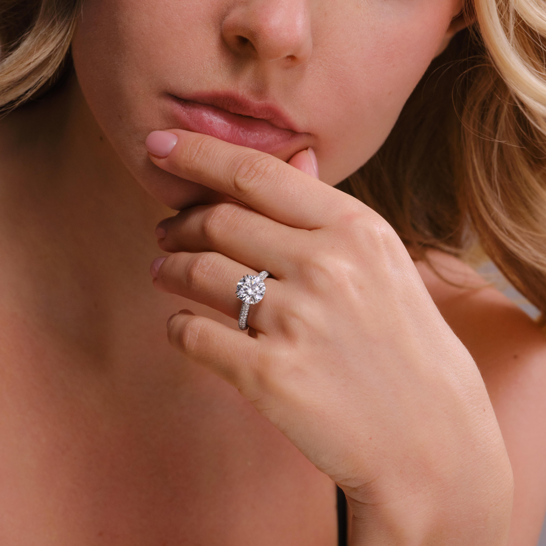 Luna 3.07CT Round Three Row Pave Engagement Ring, White Gold
