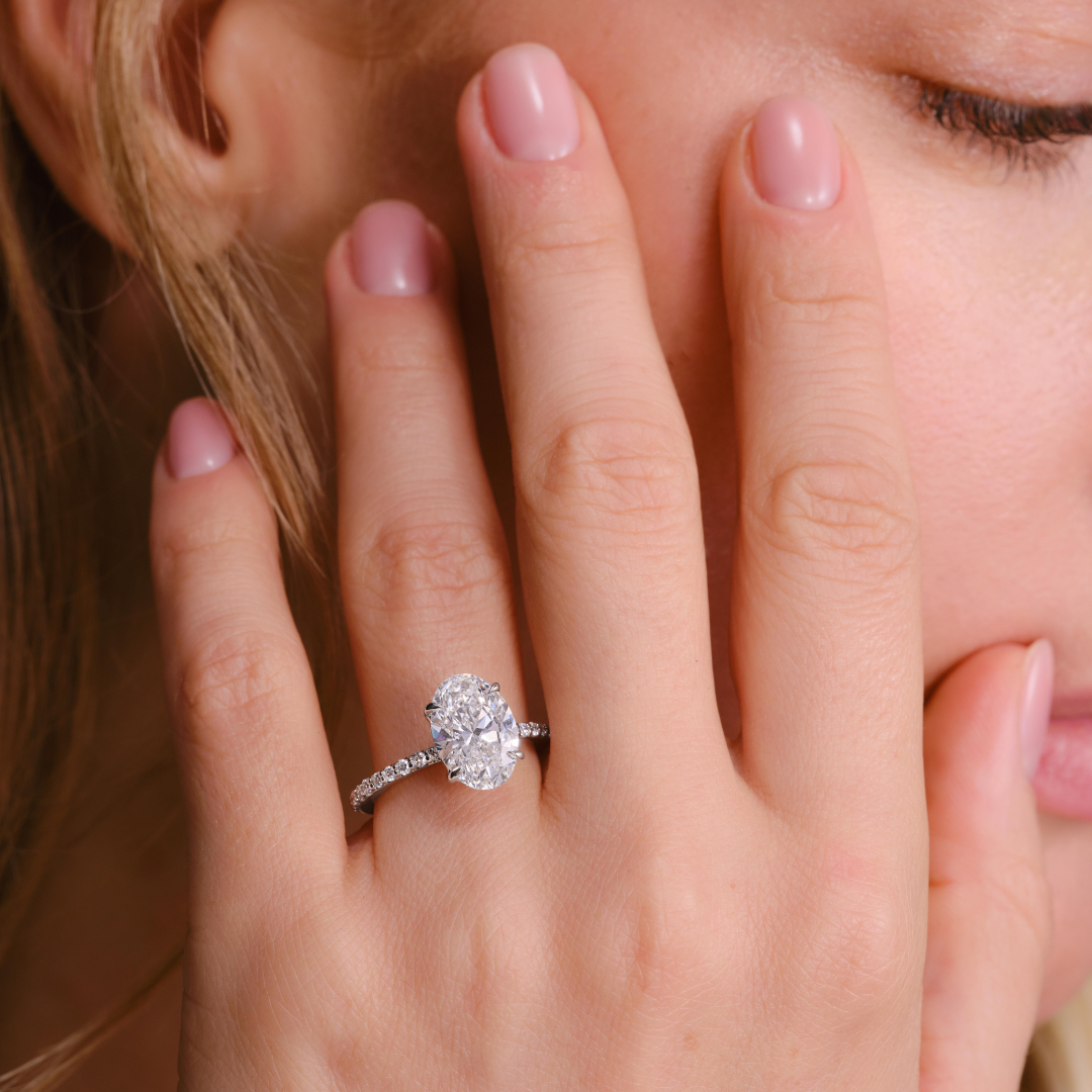 Luna 3.06CT Oval Single Row Pave Engagement Ring, White Gold