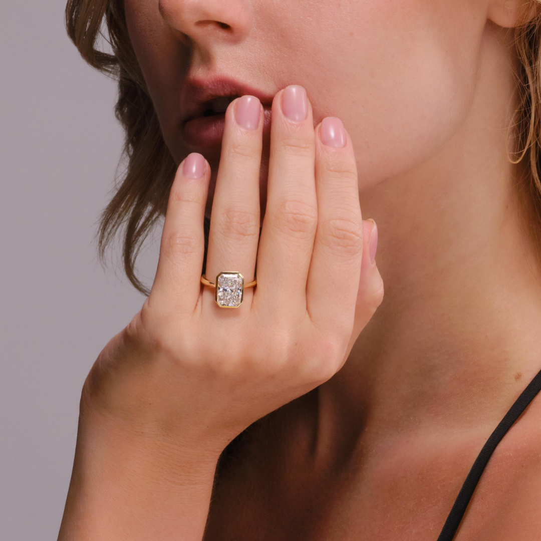 Lori 4.18CT Radiant Bezel Set Engagement Ring, Yellow Gold