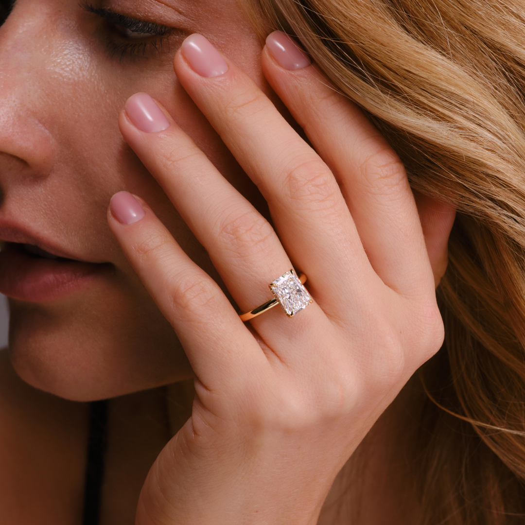 Sora 3.09CT Radiant Hidden Halo Engagement Ring, Yellow Gold
