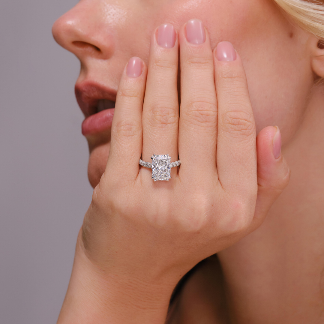 Luna 5.08CT Radiant Three Row Pave Engagement Ring, White Gold