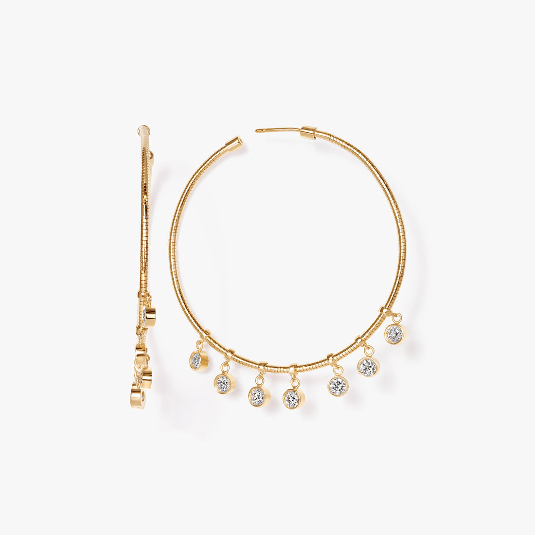 Round Diamond Bezel Dangle Hoop Earrings